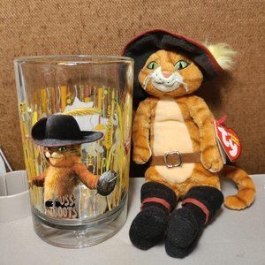 Puss in Boots TY Beanie Baby & McDonalds Collectiable Drinking Glass